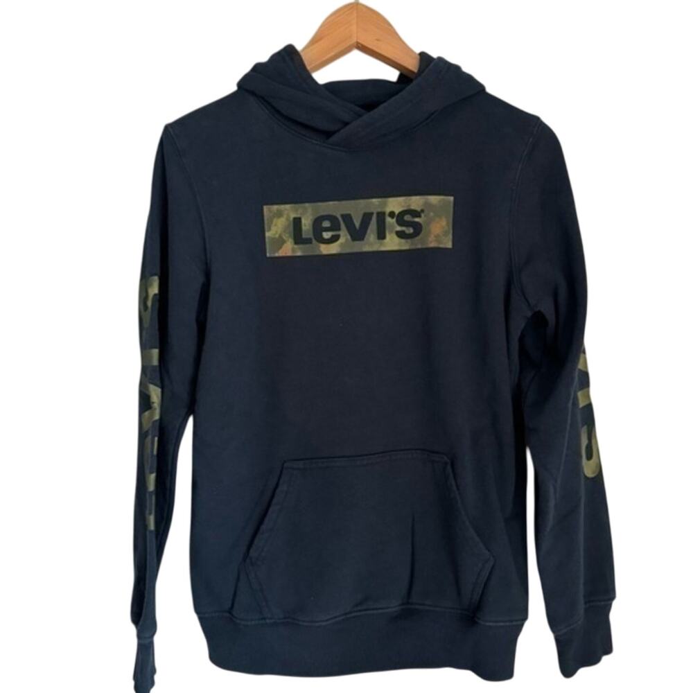 Levi’s Boys Large Blue Hoodie Sweatshirt Green Camo Pullover Kangaroo Pocket
